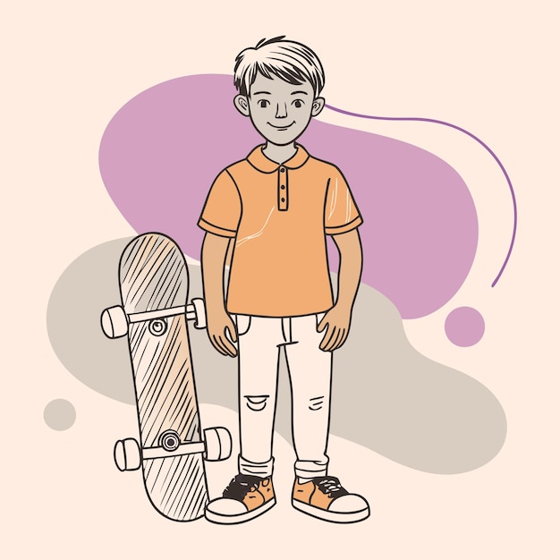 Vector a drawing of a boy with a skateboard and a skateboard