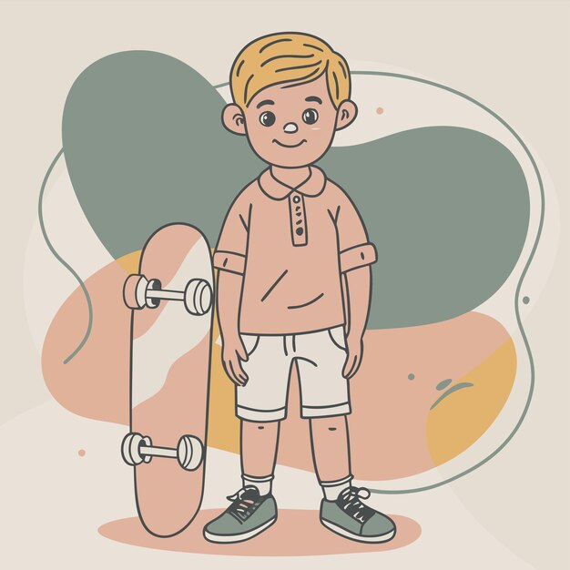 Vector a drawing of a boy with a skateboard with a skateboard in the background