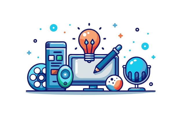 Vector a drawing of a computer with a pencil and a pen