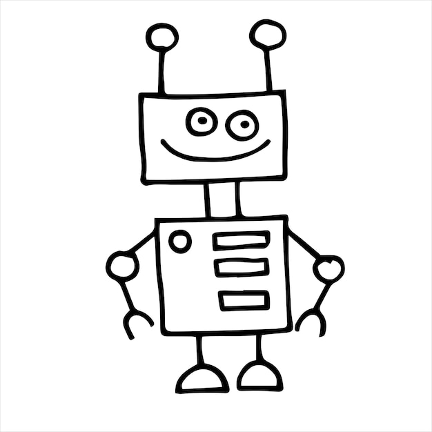 Vector drawing in doodle style cute robot simple line drawing of a funny robot