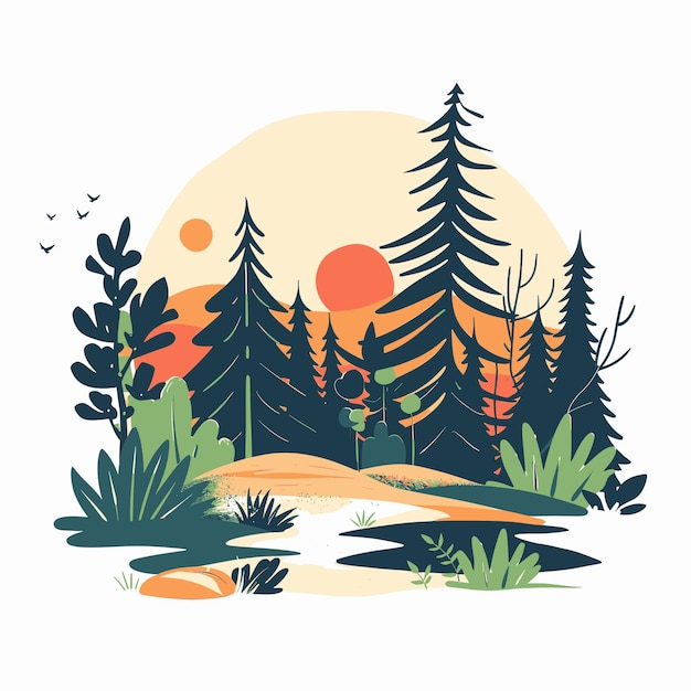 Vector a drawing of a forest with trees and a sun in the background