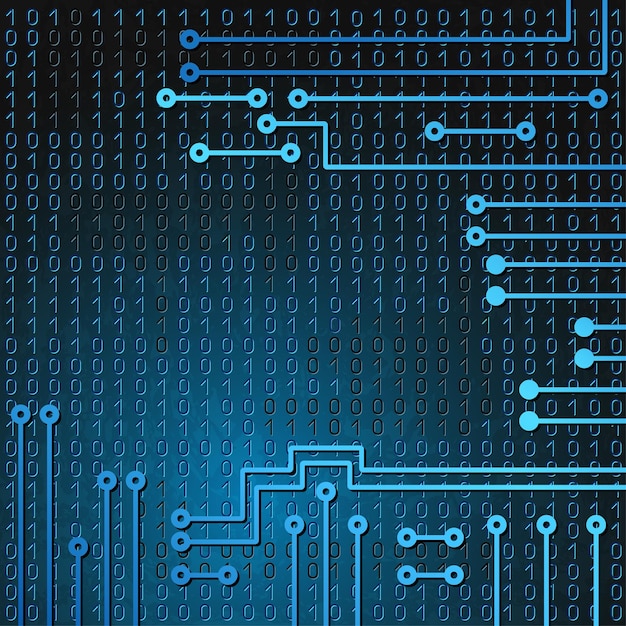 Vector drawing modern electronic circuit and  binary code on blue grungy background