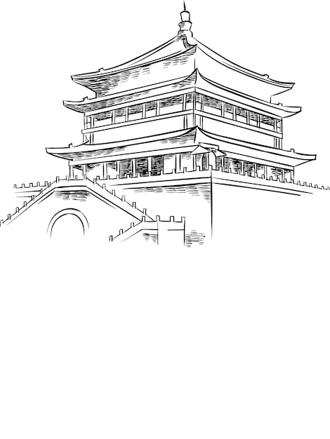 a drawing of a pagoda with a bridge and a bridge