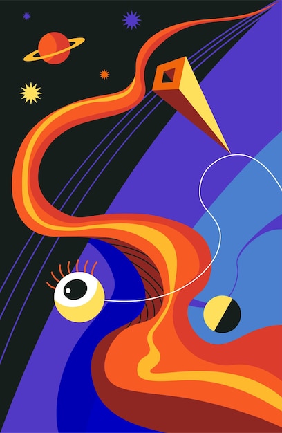 Vector dreamscape with planets all seeing eye and stars