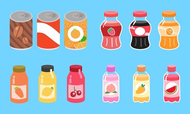 Vector drinks in cans and plastic bottles illustrations set