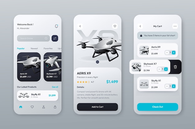 Vector drone e-commerce mobile app ui/ux screens