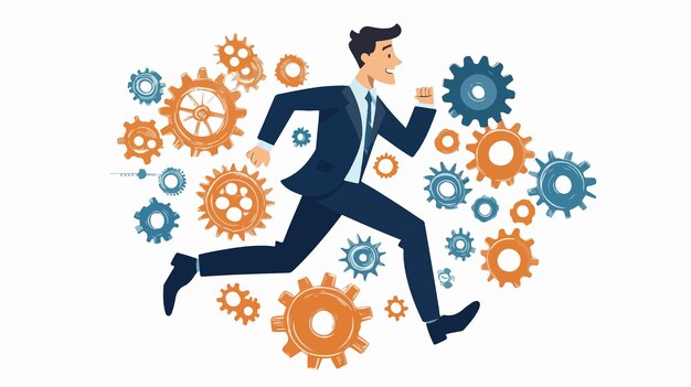 Vector dynamic businessman running on gears abstract vector illustration