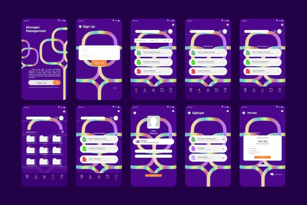 Vector dynamic rounded shapes lines psychedelic gradient color pattern storage management app ui kit template