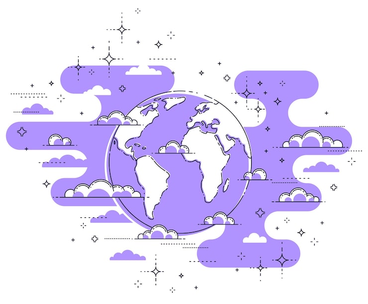 Vector earth in the sky surrounded by clouds beautiful thin line illustration isolated over white background, vector.