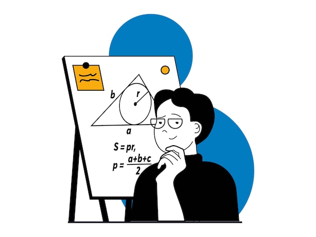 Vector education concept with character situation student solves mathematical problems and writes formulas on blackboard answers in lesson vector illustrations with people scene in flat design for web