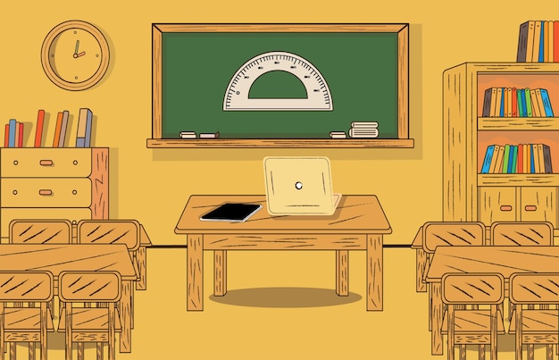 Vector educational institution lecture hall featuring instructors desk laptop