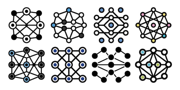 Vector eight abstract neural network diagrams showing different layers of connected nodes in colorful