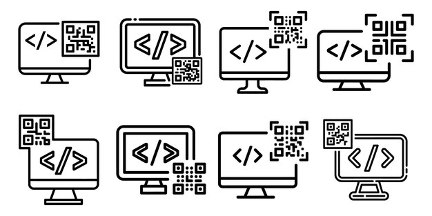 Vector eight computer monitors displaying code and qr codes in black outline screen coding