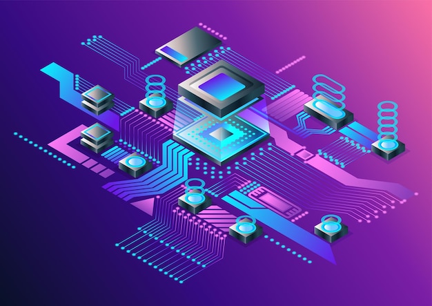 Vector electronic cpu digital chip abstract computer processor and electronic components on motherboard or circuit board eelectronic devices on microchip or microprocessor hardware engineering ai