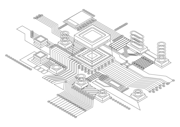 Vector electronic cpu digital chip monochrome abstract computer processor and electronic components on motherboard or circuit board eelectronic devices on microprocessor hardware engineering ai