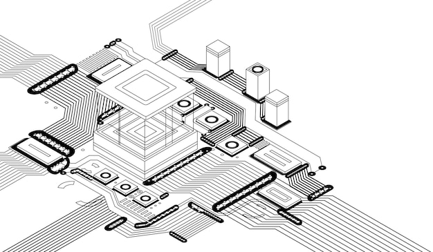 Vector electronic cpu digital chip monochrome processor and electronic components on motherboard or circuit board microchip or microprocessor hardware engineering ai blockchain technology isometric