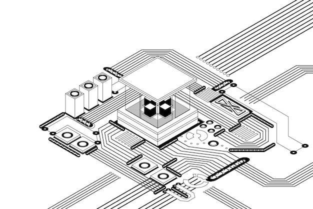 Vector electronic cpu digital chip monochrome processor and electronic components on motherboard or circuit board microchip or microprocessor hardware engineering ai blockchain technology isometric