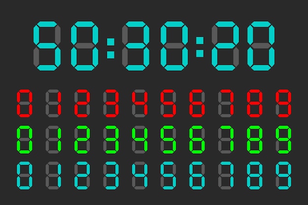 Vector electronic digits numbers font from a clock and a countdown timer watch and calculator display symbols led digit set