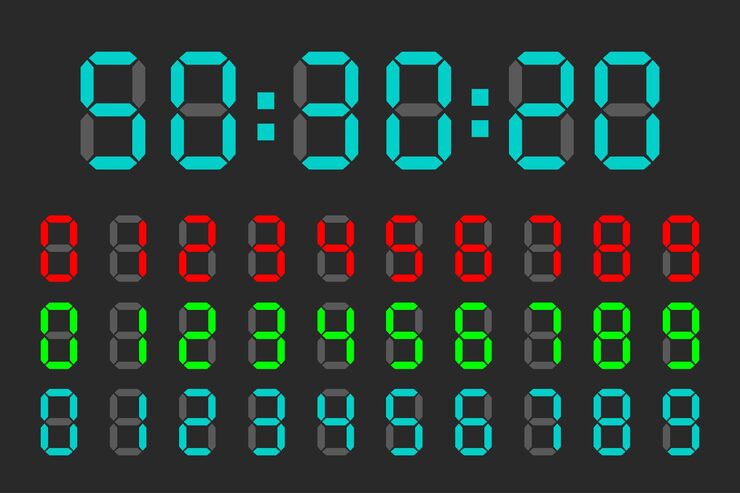 electronic digits numbers font from a clock and a countdown timer Watch and calculator display symbols Led digit set