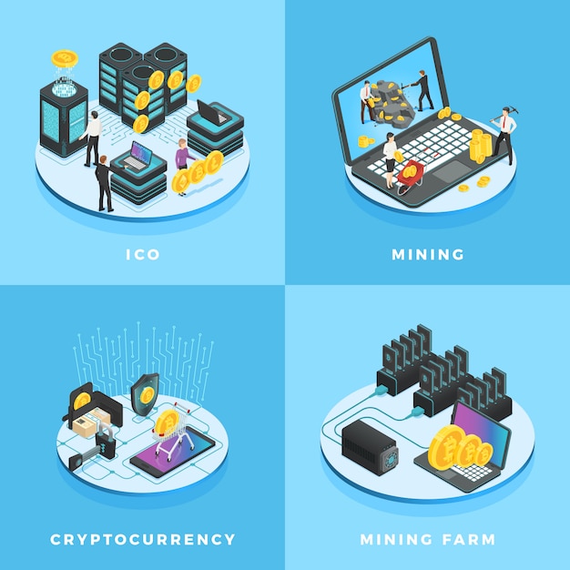 Vector  electronic money, currency mining, ico and blockchain computer network isometric