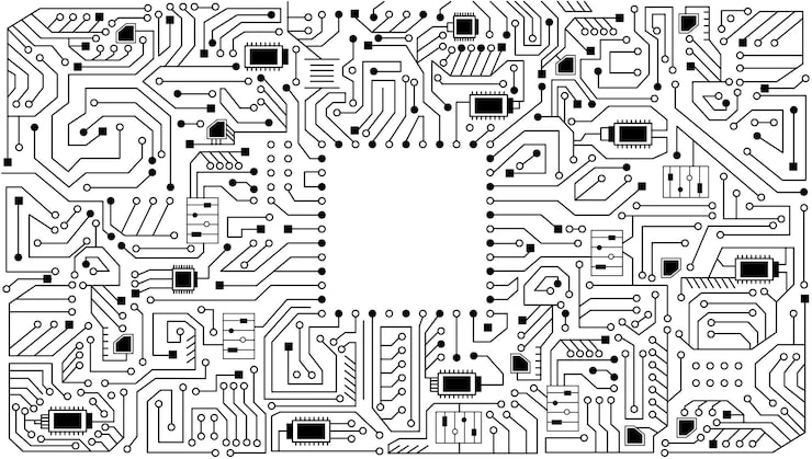 Electronics board in coloring style High tech circuit board vector background Artificial intelligence circuit line style Smart network AI digital technology Futuristic microchip processor