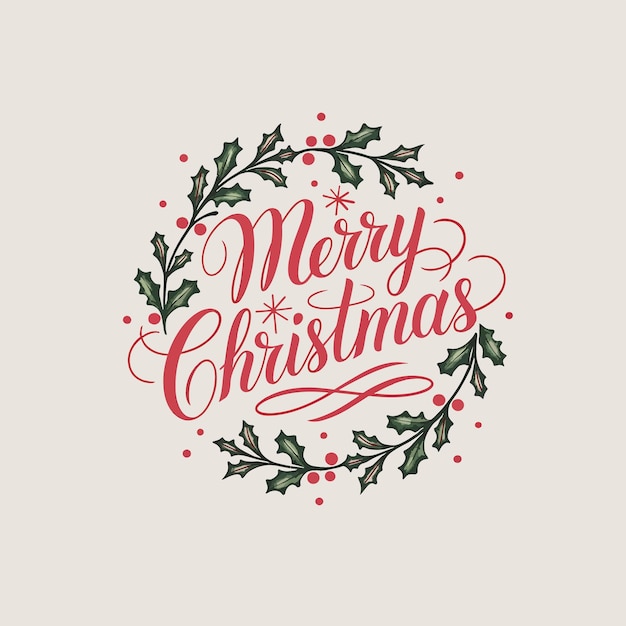 Vector elegant merry christmas calligraphy with holly wreath design festive merry christmas greeting