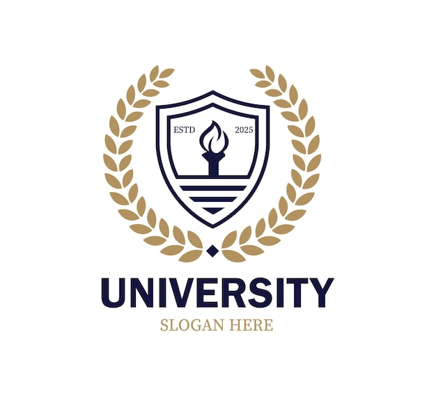 Vector elegant university logo design with shield torch and laurel elements representing knowledge and achievement in vector format