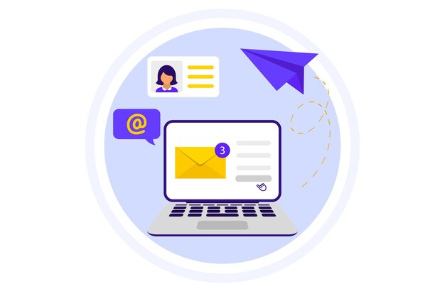 Vector email message messaging new incoming message mail sending envelope with letter notification computer screen and paper plane concept sending and receiving mail messages social network chat