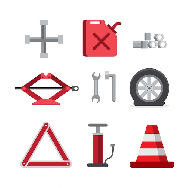 Vector emergency car tool kit, repair flat icon set