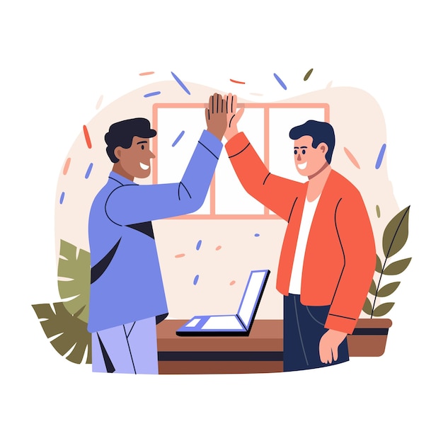Vector employees giving high five on a team celebration flat illustration