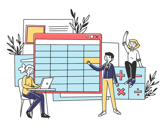 Vector employees making company bookkeeping report