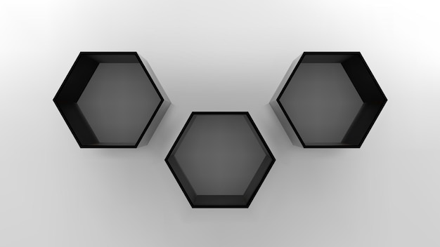 Vector empty black hexagon shelves on white wall 3d mockup
