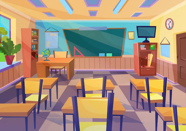 Vector empty  cartoon school class room interior with board desk