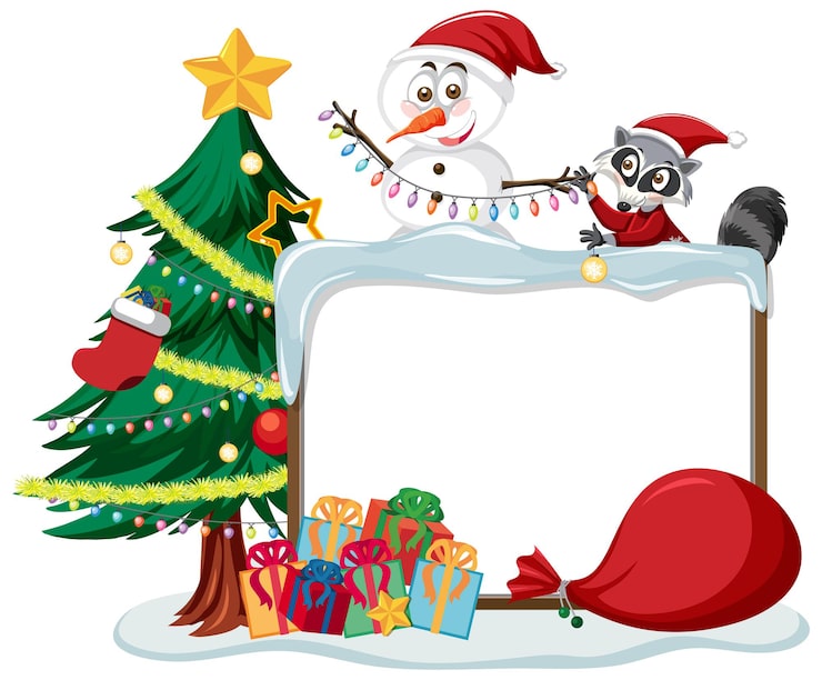 Vector empty christmas board with cartoon characters and objects
