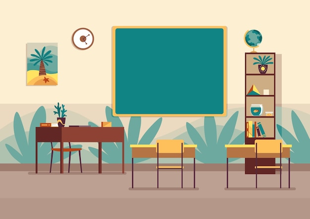 Vector empty classroom. nobody school class room with blackboard.