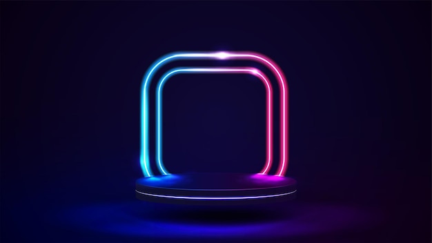 Vector empty podium with line gradient neon square frames with rounded corners on background. abstract scene with pink and blue neon frames and flying platform