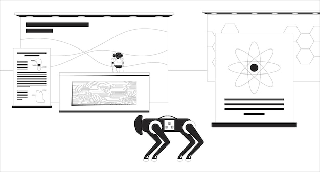 Vector empty robotics and technology science exhibition line illustration backdrop