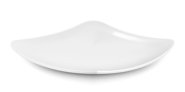 Vector empty square ceramic plate low angle shot isolated on white background white dishes for chips mockup of tableware kitchen utensils realistic vector illustration 3d design