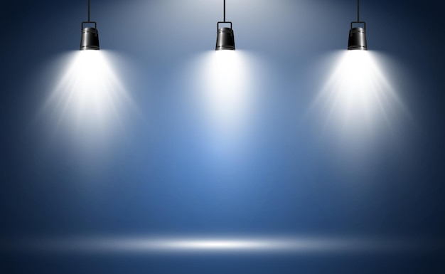 Vector empty stage with spotlights lighting devices on a transparent background