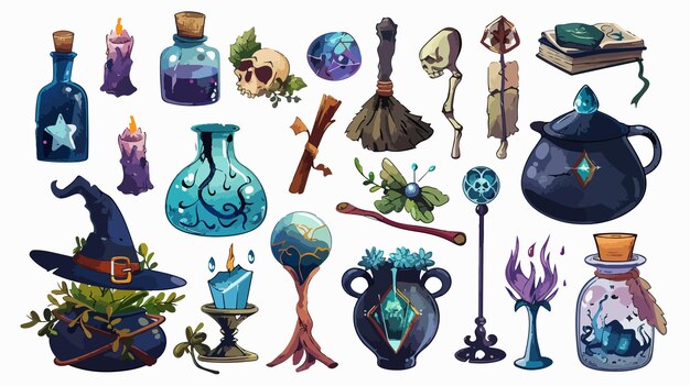 Vector enchanting collection of witchcraft magic potions and objects