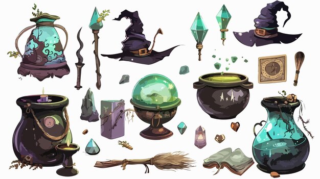 Vector enchanting collection of witchcraft magic potions and objects