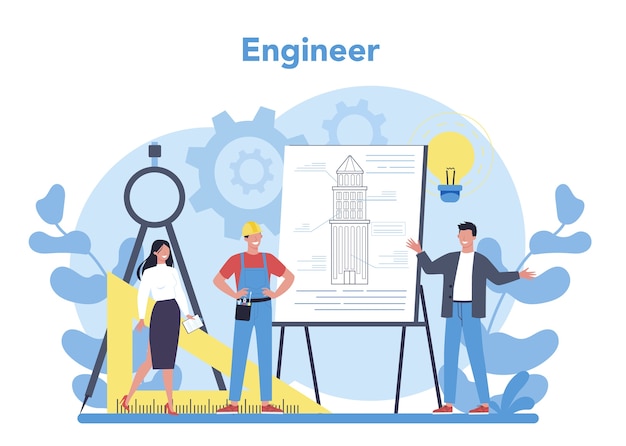 Vector engineer concept. professional occupation to design and build machines and structures. technology and science. architecture work or designer. isolated flat vector illustration