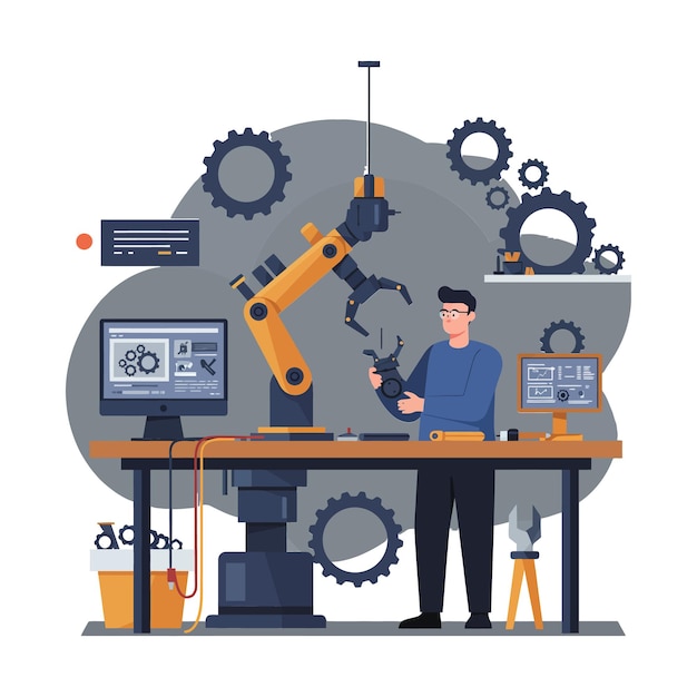 Vector engineer operating robotic arm while assembling mechanical components in a modern workspace