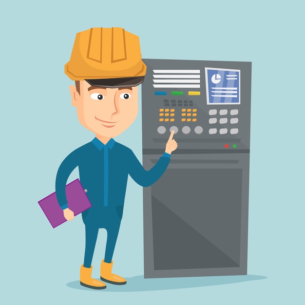 Vector engineer standing near control panel.