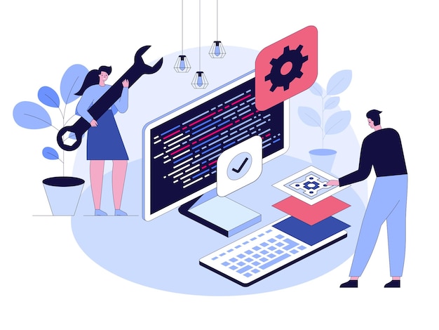 Vector engineer team programming at huge laptop and testing code woman developer holding wrench programmer optimizes software configures and develops programs or products vector character illustration