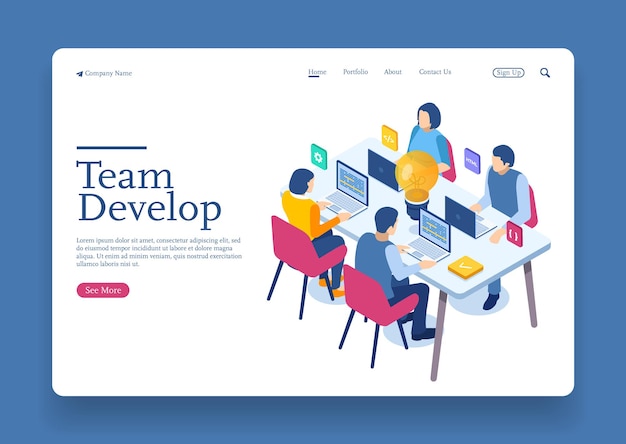 Vector engineer team at project development coding develop programming with laptop isometric concept