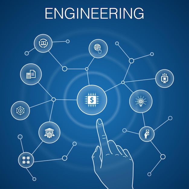 Vector engineering concept, blue background. design, professional, system control, infrastructure icons