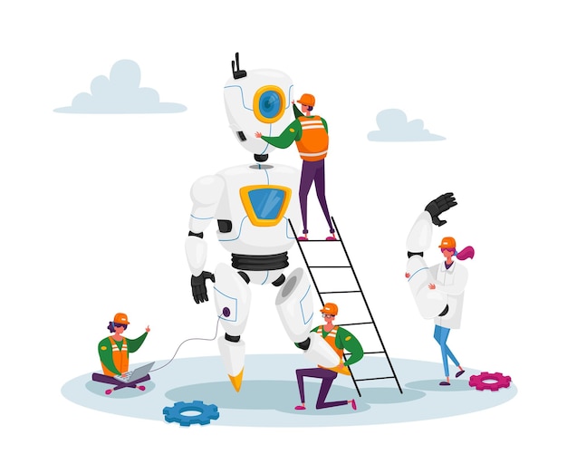 Vector engineers scientists tiny characters making and programming huge robot illustration