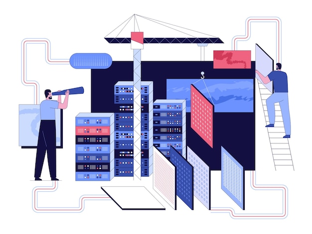 Vector engineers team maintains server building database programmers working monitors operation of servers blockchain technology construction with lifting cranes metaphor vector character illustration