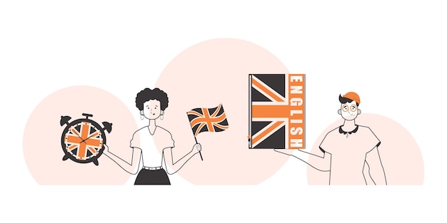 Vector english teacher team the concept of learning a foreign language linear style